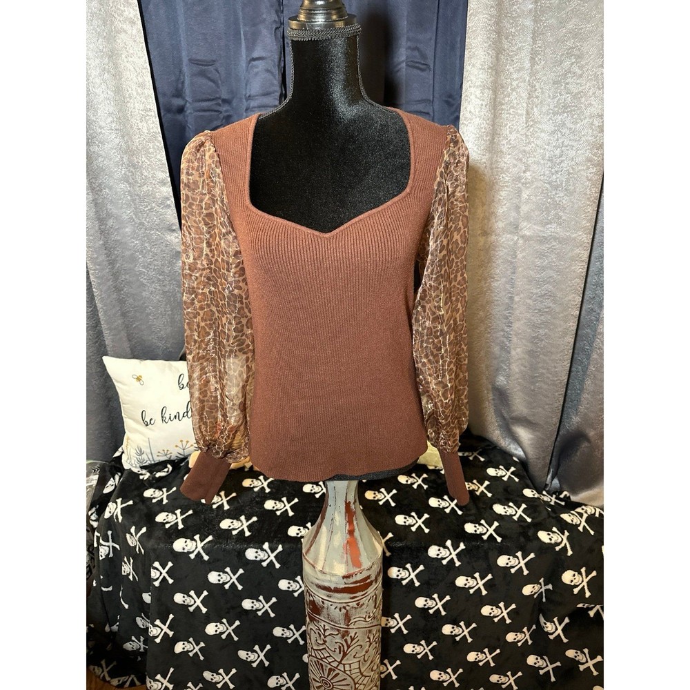 Anthropologie Women’s Dolan Chiffon Puff-Sleeve Sweater Brown Motif Leopard